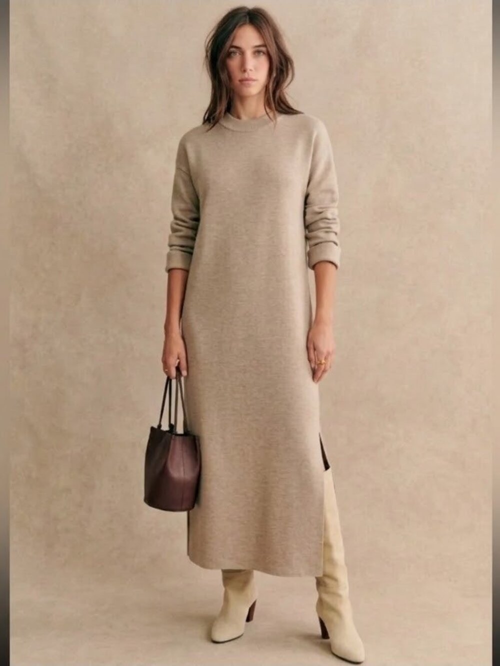 NWT La Maille Sezane Janet in Sandstone Merino Wool Relaxed Sweater Dress XXL